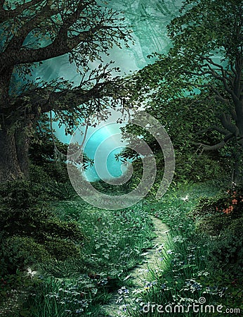 Mysterious pathway in the green magic forest Cartoon Illustration